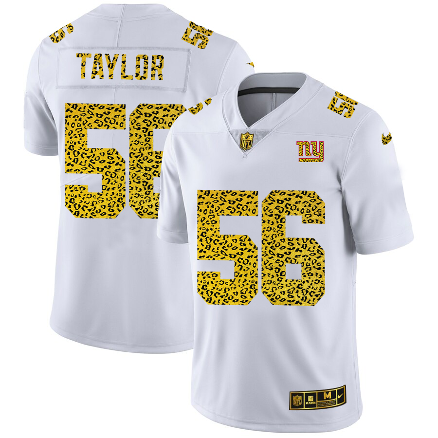 Custom New York Giants 56 Lawrence Taylor Men Nike Flocked Leopard Print Vapor Limited NFL Jersey White